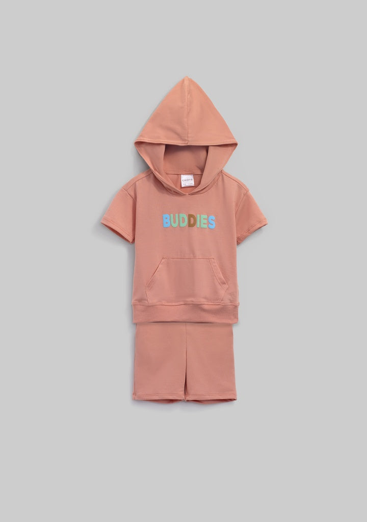 Conjunto buddies con capucha salmon